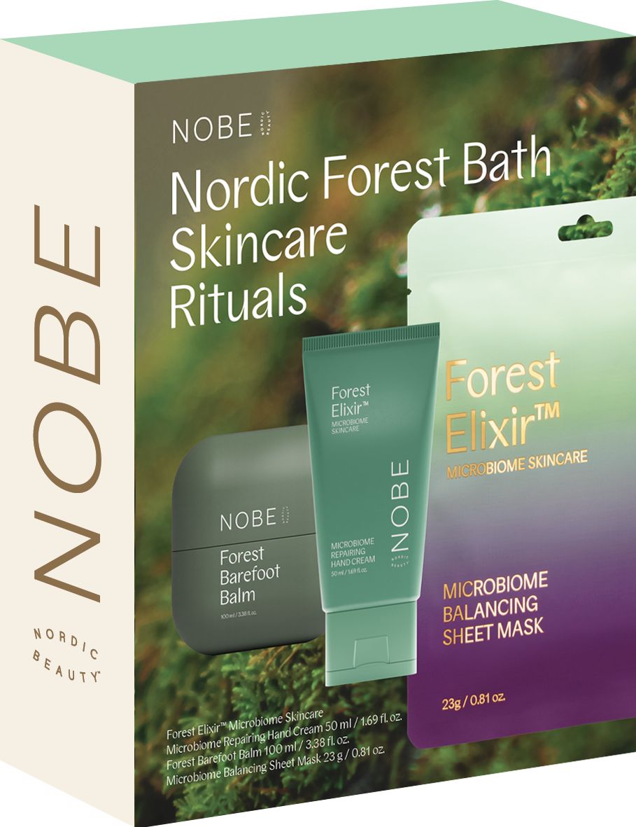 The NOBE Nordic Beauty box labeled "Nordic Forest Bath Skincare Rituals" displays a vegan Nordic skincare gift set with Forest Barefoot Balm and a Forest Elixir Microbiome Balancing Sheet Mask on a green and purple gradient background.
