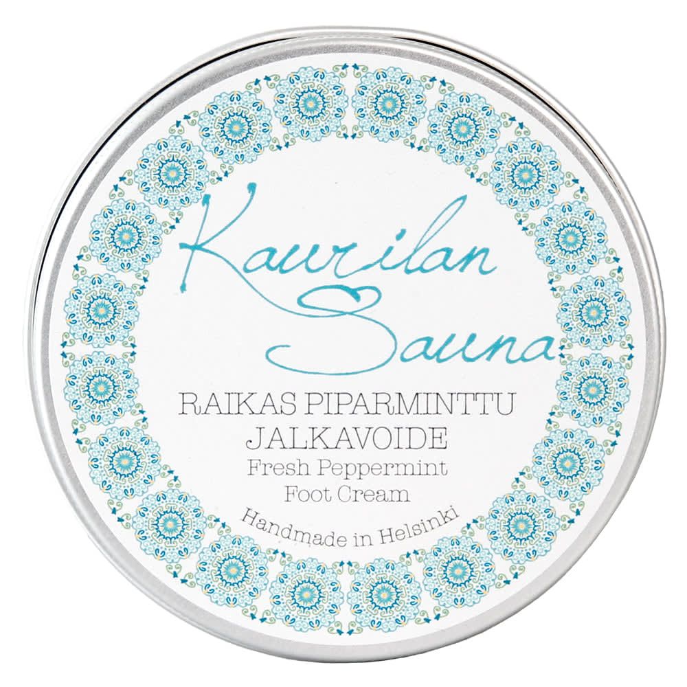 Kaurilan Sauna Fresh Peppermint Foot Cream is a vegan, handmade foot cream from Helsinki, packaged in a round tin with a decorative blue pattern for fresh, revitalized feet.