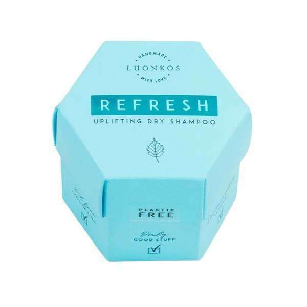 A hexagonal, light blue box of Luonkos Refresh Dry Shampoo by Luonkos, handmade and plastic-free, with "Only Good Stuff" on the front. This natural dry shampoo adds volume for all hair types.