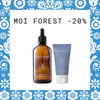 Brown dropper bottle and blue tube of Moi Forest skincare products with text MOI FOREST -20% on a white background with blue floral border.