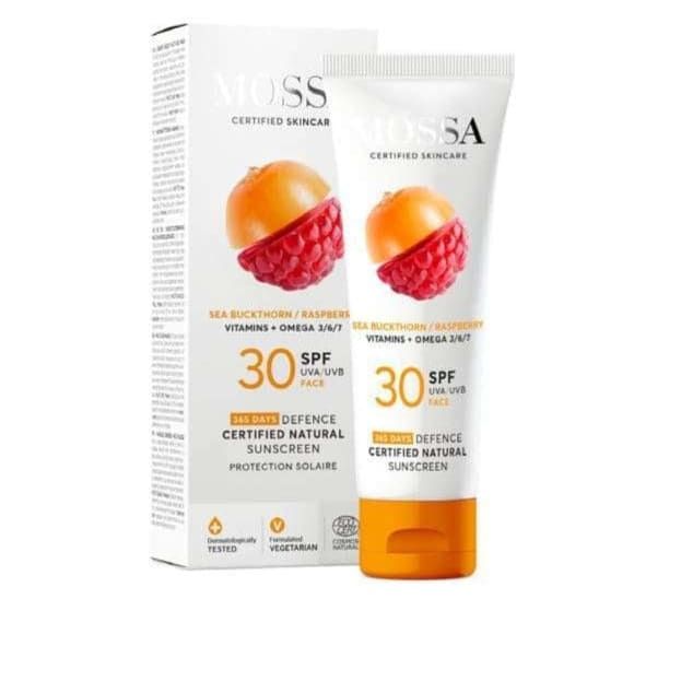A tube and box of Mossa 365 Days for Face SPF 30 sunscreen by Mossa, with sea buckthorn berry and raspberry images, offering broad-spectrum UVA/UVB protection and highlighting vegetarian ingredients.