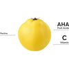 A yellow quince fruit labeled with pectins, AHAs, and vitamin C on a white background highlights the natural ingredients in Mossa Glow Cocktail Illuminating Anti-Pigmentation Cream that help brighten skin.