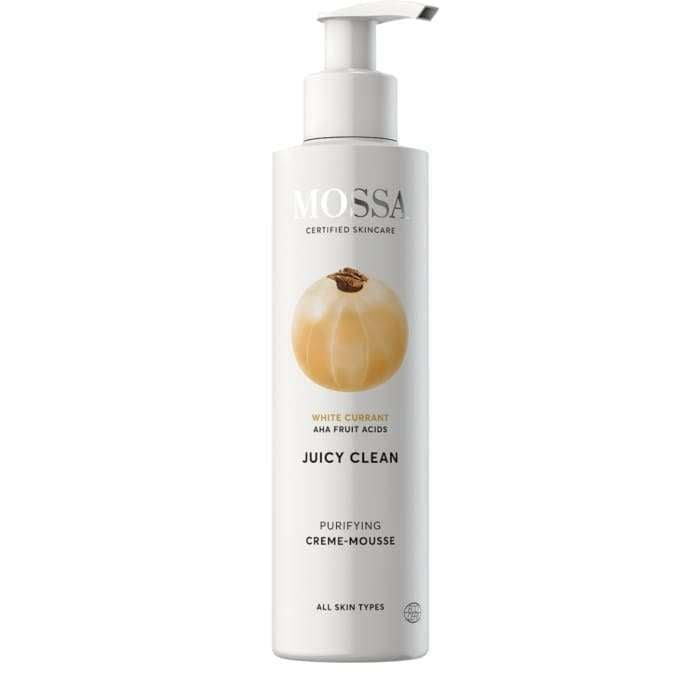 The Mossa Juicy Clean Purifying Creme-Mousse comes in a white bottle with a pump, features a white currant image, and is enriched with natural AHA fruit acids for gentle cleansing care suitable for all skin types.