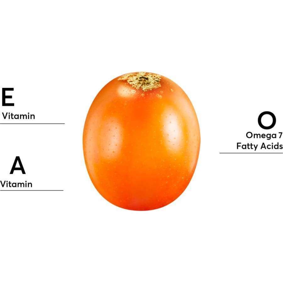 A close-up of an orange berry with labels Vitamin E, Vitamin A (left), and Omega 7 Fatty Acids (right), showcasing Mossa’s Vitamin Cocktail Facial Oil—a radiance-boosting blend of organic plant oils for glowing skin.
