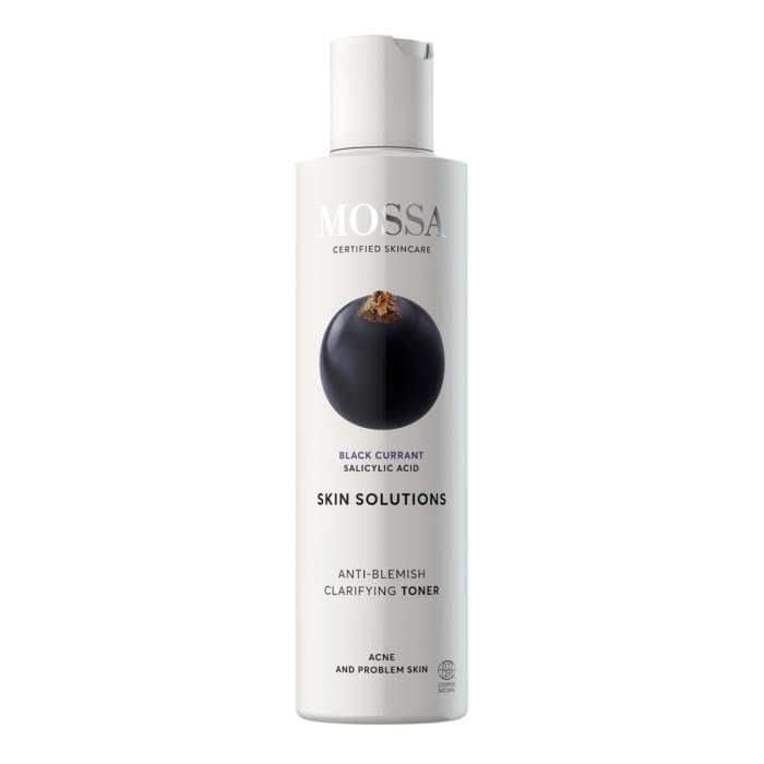 A white bottle of Mossa Skin Solutions Anti-Blemish Clarifying Toner featuring a black currant image on the label, formulated by Mossa to unclog pores and support oily, acne-prone skin.