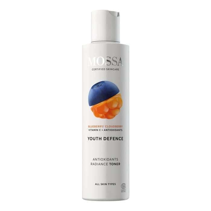 The Mossa Youth Defence Antioxidants Radiance Toner offers antioxidant skincare with vitamin C and blueberry, suitable for all skin types including oily skin. The white bottle features images of blueberry and cloudberry.