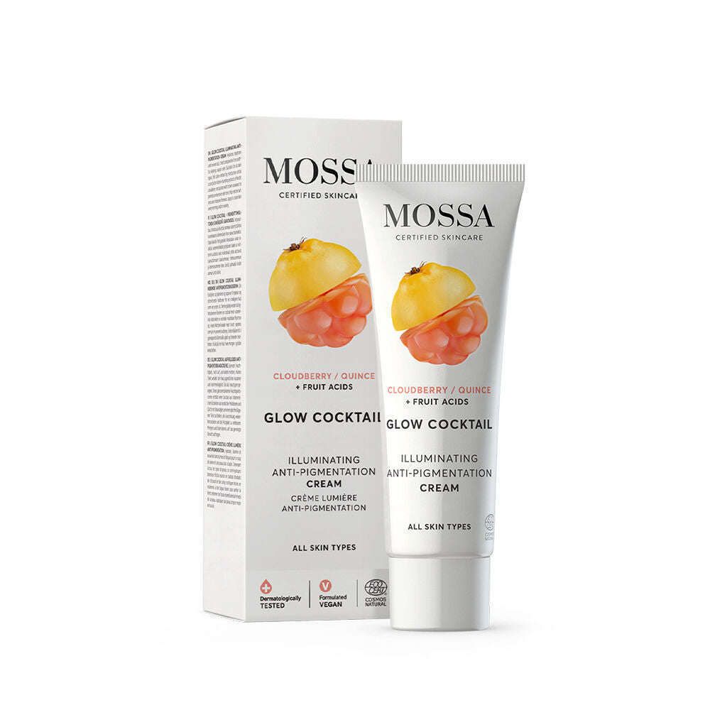 A tube and box of Mossa Glow Cocktail Illuminating Anti-Pigmentation Cream, decorated with cloudberry and quince images. The packaging highlights fruit acids, a vegan formula, and brightening benefits for all skin types.