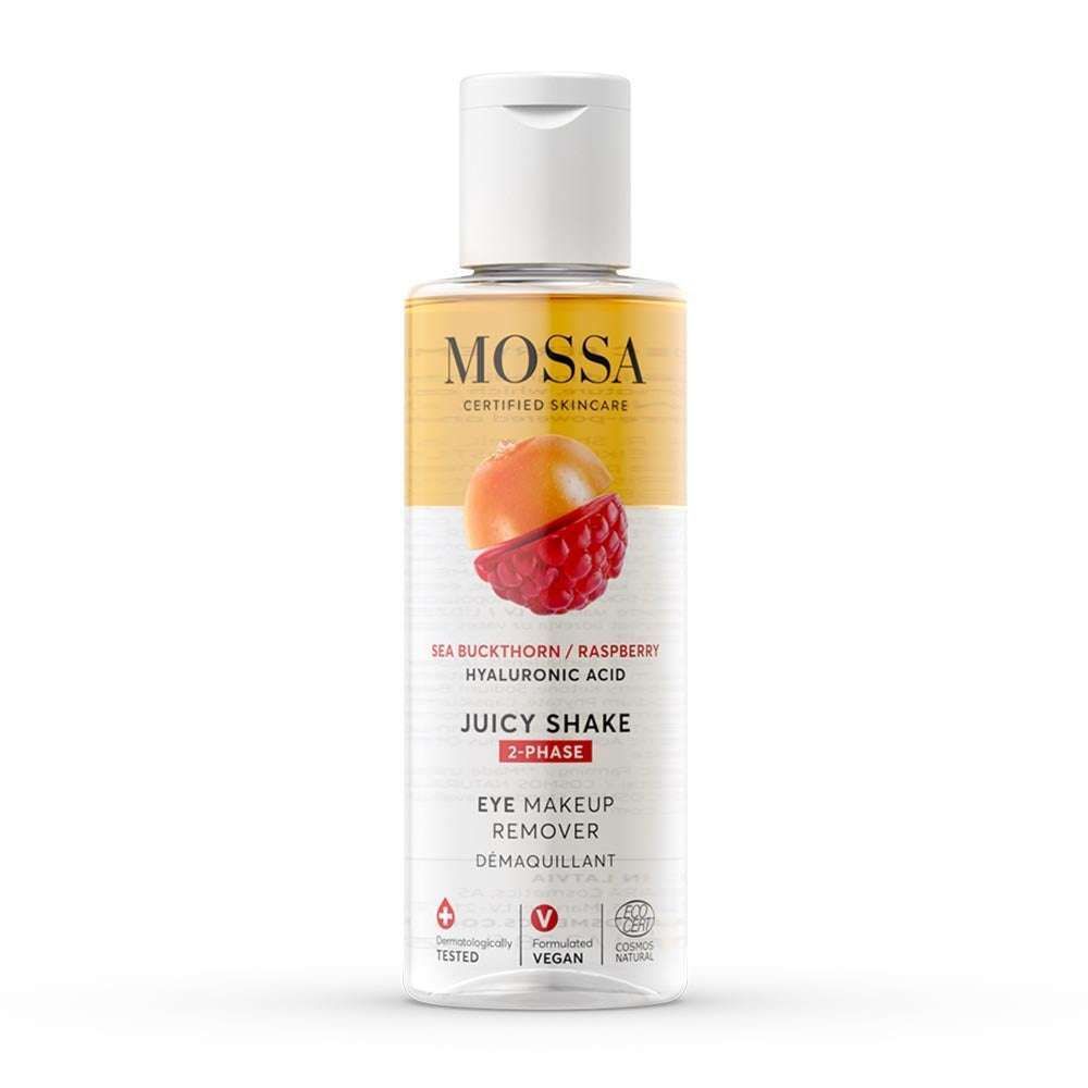 Mossa Juicy Shake Eye Makeup Remover features sea buckthorn extract, raspberry, and hyaluronic acid. Its label shows fruit images and notes that it is vegan and dermatologically tested.
