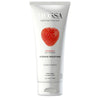 The Mossa Vitamin Moisture Conditioner comes in a white tube with a large strawberry image, highlighting strawberry oil, vitamins, added shine, frizz control, and soft, nourished hair for all hair types.
