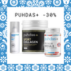 Three Puhdas+ products (Magnesium Spray, Sport Collagen, and Premium Omega-3) are displayed with -30% and the Puhdas+ logo above them. The image has a blue and white floral border.