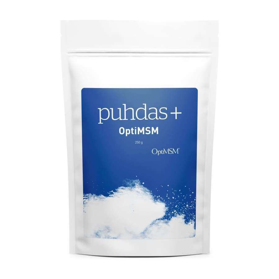 A white stand-up pouch of Puhdas+ OptiMSM powder, featuring a prominent blue label with white text and a stylized white powder splash graphic at the bottom.