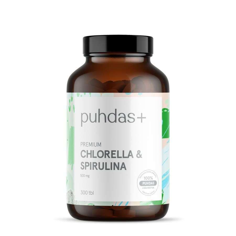 Brown supplement bottle labeled 'puhdas+' with 'Chlorella & Spirulina' on a white background