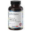 A bottle of puhdas+ Premium Omega-3 dietary supplement, featuring a dark amber bottle with a black cap and a white label with blue and yellow accents.