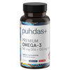 A bottle of puhdas+ Premium Omega-3 dietary supplement with a black cap and a white label featuring blue and multicolor accents, set against a plain white background.