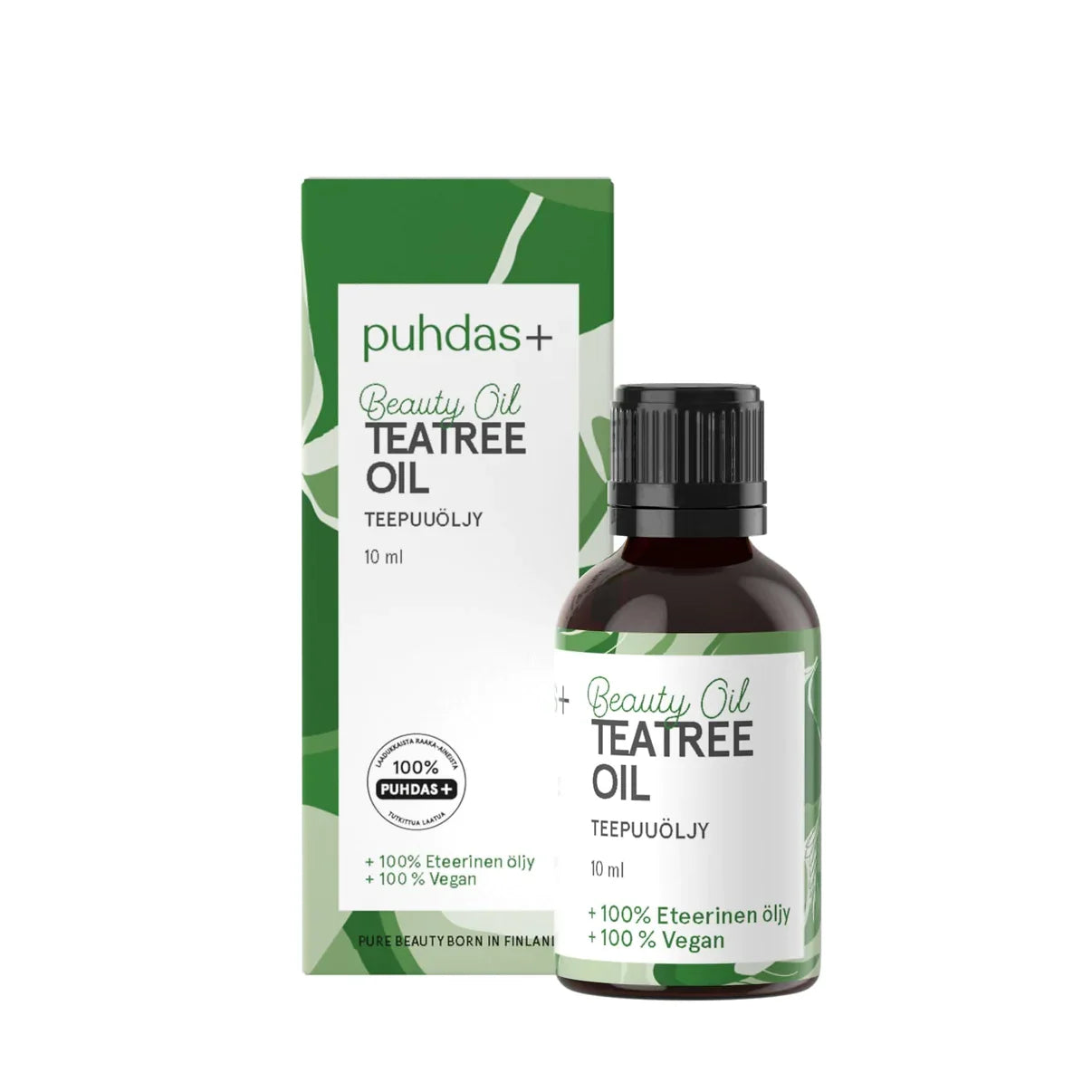 Puhdas+ Teatree Oil bottle and packaging on a white background