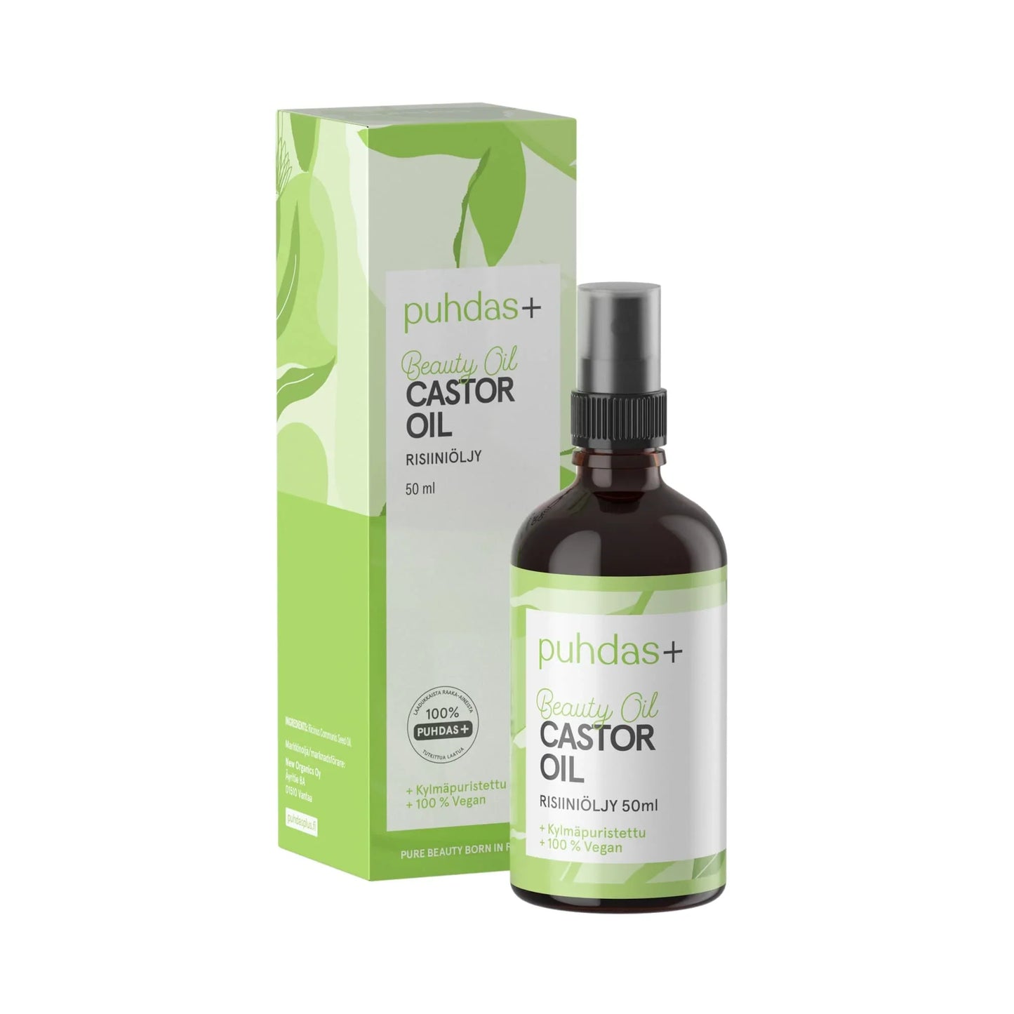 A 50 ml bottle of Puhdas+ Organic Castor Oil next to its green and white packaging box, set against a plain white background.