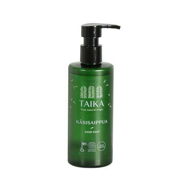A green pump bottle of Taika Liquid Hand Soap features Finnish and English labels, tree graphics, and eco-friendly, vegan, and natural ingredient symbols.