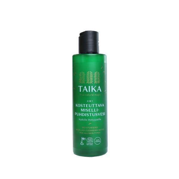 A green bottle of Taika Micellar Water with a black cap features white text on the label and is a gentle, moisturizing 3-in-1 cleanser with birch sap.