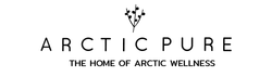 Logo with black text ARCTIC PURE below a simple branch and berries illustration. Underneath, smaller text reads THE HOME OF ARCTIC WELLNESS on a white background.