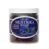 A clear plastic jar of Greenfinn's Wild Bilberry Powder with a white lid. The label shows blueberry images and bilingual text. The jar contains 100g of powder made from Finnish wild bilberries. Brand: Greenfinn's.