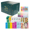 Der NOBE Nordic Beauty 24 Days of Christmask Adventskalender zeigt eine grün-goldene Box mit 24 verschiedenen feuchtigkeitsspendenden Masken und Hautpflegepaketen in lebhaften Designs von koreanischen Top-Marken.