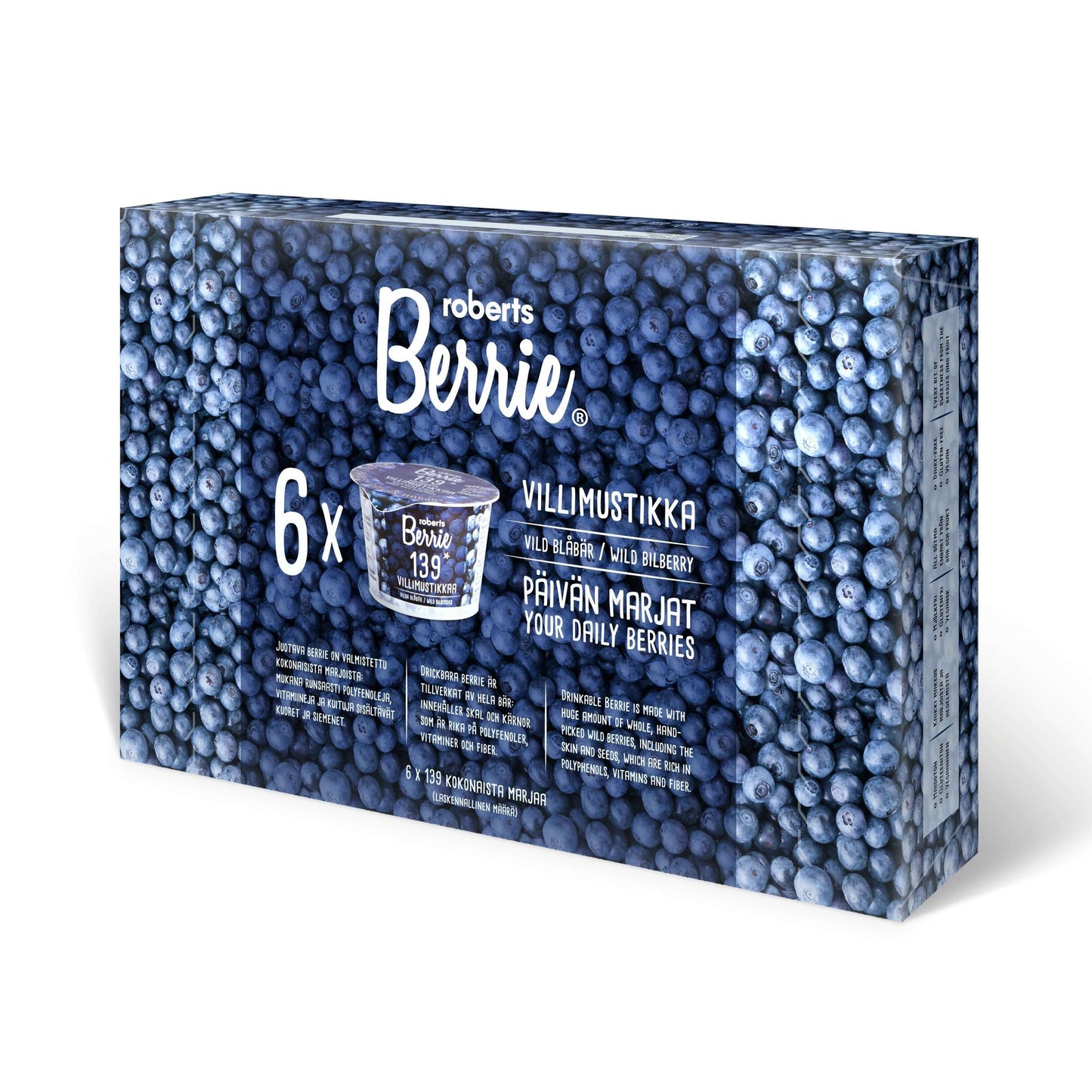 Eine Packung Roberts Berrie Berrie Wild Bilberry enthält sechs 130g Becher, zeigt nordische Wildheidelbeeren auf der Verpackung und zeigt finnische und englische Texte: "Villimustikka" und "Your Daily Berries", die den Anthocyangehalt hervorheben.