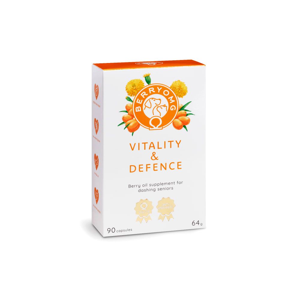 Eine weiße und orangefarbene Schachtel mit Berry OMG Vitality & Defence, einem Beerenölpräparat von Berry OMG für Senioren mit Sanddornöl und Antioxidantien. Die Schachtel zeigt Abbildungen von Beeren und Blättern und enthält 90 Kapseln (64 g).