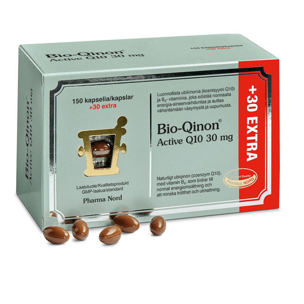 Bio-Qinon Q10, 30 mg von Pharma Nord ist ein Nahrungsergänzungsmittel mit Coenzym Q10 und Vitamin B2. Jede Schachtel enthält 150 Kapseln plus 30 zusätzliche, die mit mehreren braunen Kapseln vor der Verpackung abgebildet sind.