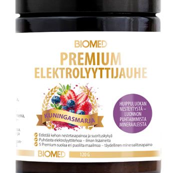 Ein 120g-Glas Biomed Premium Electrolyte Powder Berries von Biomed, ein finnisches ketofreundliches Hydratationspulver, ist mit einem farbenfrohen Beerenmotiv und einem lila Kuningasmarja-Etikett versehen.