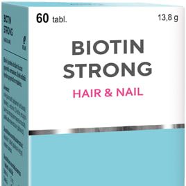 Eine blau-weiße Schachtel mit Vitabalans Biotiini Strong Hair & Nail Tabletten, einem Biotinpräparat mit Keratin, enthält 60 Tabletten (13,8 g). Auf der Verpackung sind finnischer und englischer Text, Markenlogos und Produktangaben zu finden.