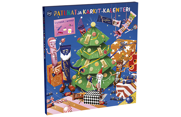Der Fazer Bars & Candies Calendar von Fazer ist ein finnischer Adventskalender mit einem geschmückten Weihnachtsbaum, Cartoon-Süßigkeiten und Schokoriegeln auf blauem Hintergrund - ein festlicher Leckerbissen für Ihren Weihnachtscountdown.