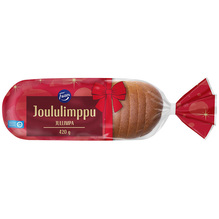 Fazer Christmas Loaf, ein festliches Roggenbrot von 420 g in roter Verpackung mit Schleife und Klarsichtfenster, ist der perfekte Weihnachtsgenuss für Ihren Tisch.