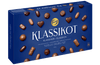 Eine blaue Schachtel mit Fazer Classic Selection Pralinen von Fazer, verziert mit Bildern verschiedener Schokoladenformen, bietet einen köstlichen Geschmack finnischer Schokolade.