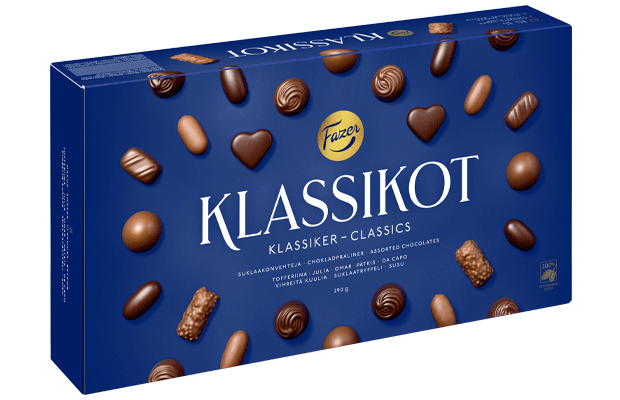 Eine blaue Schachtel mit Fazer Classic Selection Pralinen von Fazer, verziert mit Bildern verschiedener Schokoladenformen, bietet einen köstlichen Geschmack finnischer Schokolade.