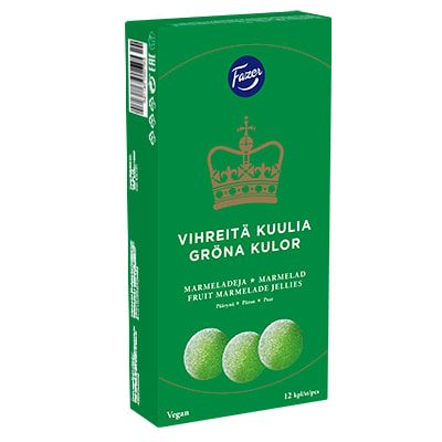 Eine grüne Schachtel Fazer Green Jellies von Fazer mit zuckerüberzogenen runden Fruchtmarmeladenbonbons und einem goldenen Kronendesign auf der Vorderseite.