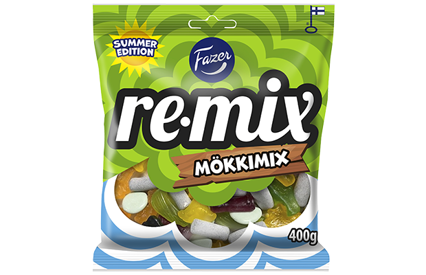 Die 400g Fazer Remix Mökkimix Candy Bag (Mindesthaltbarkeitsdatum: 08.01.2026) enthält verschiedene finnische Sommerbonbons, die wie salzige Lakritze aussehen, in einer farbenfrohen grün-blauen Verpackung mit einem durchsichtigen Fenster, das die Leckereien im Inneren zeigt.
