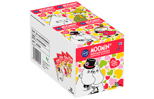 Fazer Mumin Fruchtpastillen: Vegane Bonbons mit natürlichen Aromen, verpackt in einer Schachtel mit bunten Herzen und Mumin-Figuren. Die Fazer-Verpackung zeigt 20 Einzelpackungen in der Vorder- und Seitenansicht.