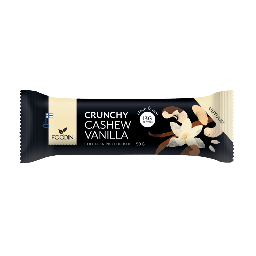 Auf der schwarz-beigen Verpackung des Foodin Collagen Protein Bar Crunchy Cashew-Vanilla sind Cashew- und Vanilleblüten abgebildet. Das Etikett weist auf 13 g kollagenes Protein aus Weidehaltung pro 50 g Riegel hin. Marke: Foodin.