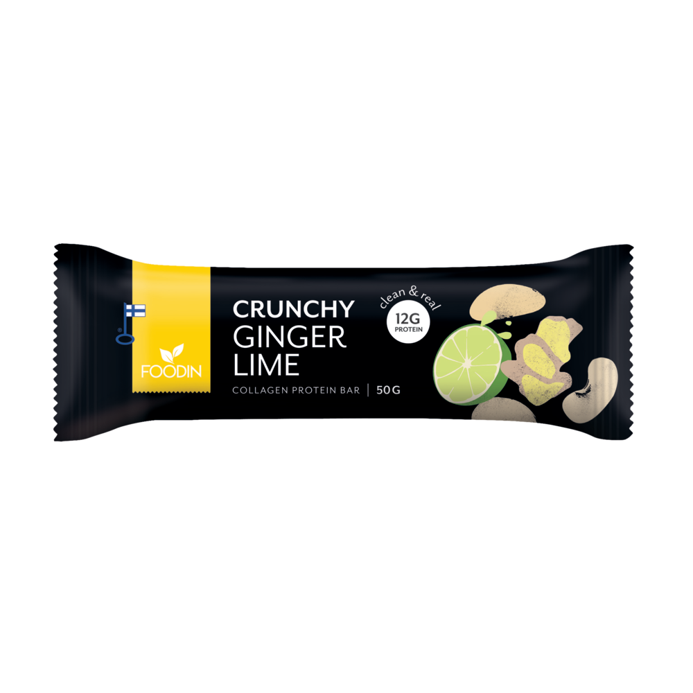 Der Foodin Collagen Protein Bar Crunchy Ginger Lime kommt in einer schwarz-gelben Verpackung mit Bildern von Ingwer, Limette und Cashews. Die Vorderseite hebt "12 g Protein", "clean & real" und Kollagen aus Graslandwirtschaft hervor.