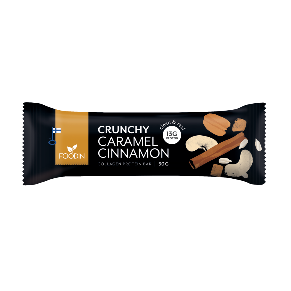 Foodin Collagen Protein Bar Crunchy Caramel Cinnamon enthält Karamell-Zimtstücke, Cashewnüsse und 13 g Kollagenprotein aus Weidehaltung in jedem 50-g-Riegel, der in Schwarz und Gold mit dem Foodin-Markennamen verpackt ist.