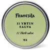 Eine runde Metalldose mit hellgrünem Deckel und der Aufschrift "Frantsila 11 Kräutersalbe 19g" enthält die wirksame Kräutersalbe von Frantsila für die natürliche Hautheilung.
