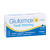 Eine Packung Hankintatukku Glutamax Fresh Morning enthält 20 L-Cystein-Kapseln (9 g) in einer weiß-blauen Verpackung mit gelben Akzenten, einer lächelnden Sonne und finnischem Text. Dieses Glutathion-Präparat unterstützt die Erholung nach Alkoholkonsum.