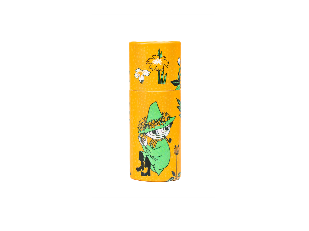 Bewahren Sie Ihren Gustaf & Linnea Mumin-Lippenbalsam Snufkin in diesem leuchtend orangefarbenen Zylinder mit weißen und gelben Blumen und Snufkin, der geliebten Figur mit grünem Hut und Mantel, auf, die eine Blume hält. Perfekt für die umweltfreundliche Aufbewahrung von Lippenpflegestiften!