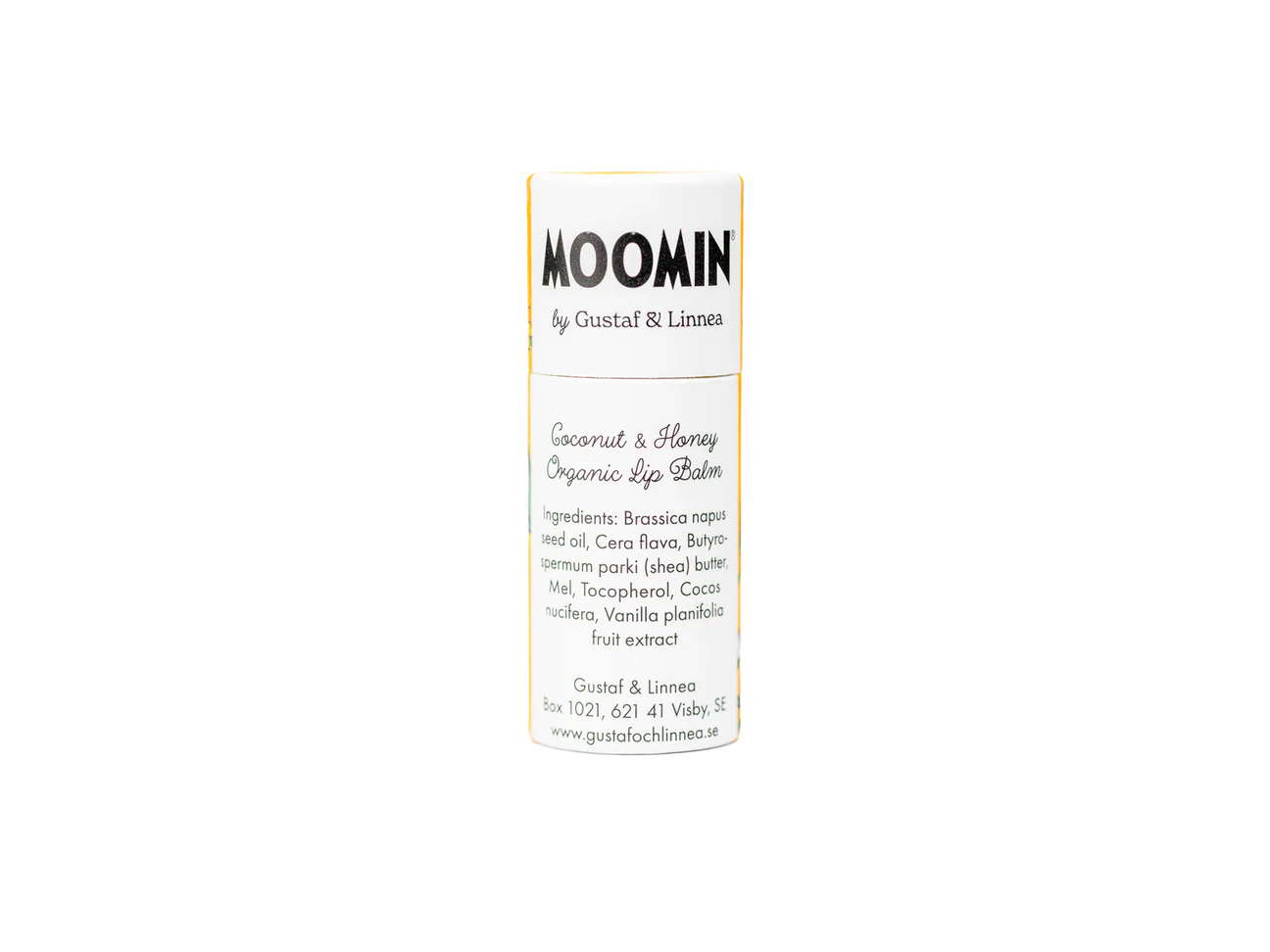 Eine Gustaf & Linnea Moomin Lipbalm Snufkin Tube mit schwarzem Text auf einem weißen Etikett, auf dem die Inhaltsstoffe und das Branding aufgeführt sind, hergestellt mit natürlichem Bienenwachs, ist vor einem schlichten hellen Hintergrund abgebildet.