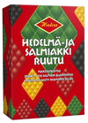 Eine rote Schachtel Halva Fruit & Salty Diamond Jellies von Halva, mit rautenförmigen nordischen Bonbons in Grün, Gelb, Rot und Schwarz auf der Verpackung - klassische Fruchtgummis und salzige Lakritze.