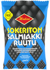 Eine blau-schwarze Packung Halva Sugar-Free Salty Licorice mit gelber und weißer Schrift, einem roten Logo und Informationen in Finnisch und Englisch. Die Marke des Produkts ist Halva.