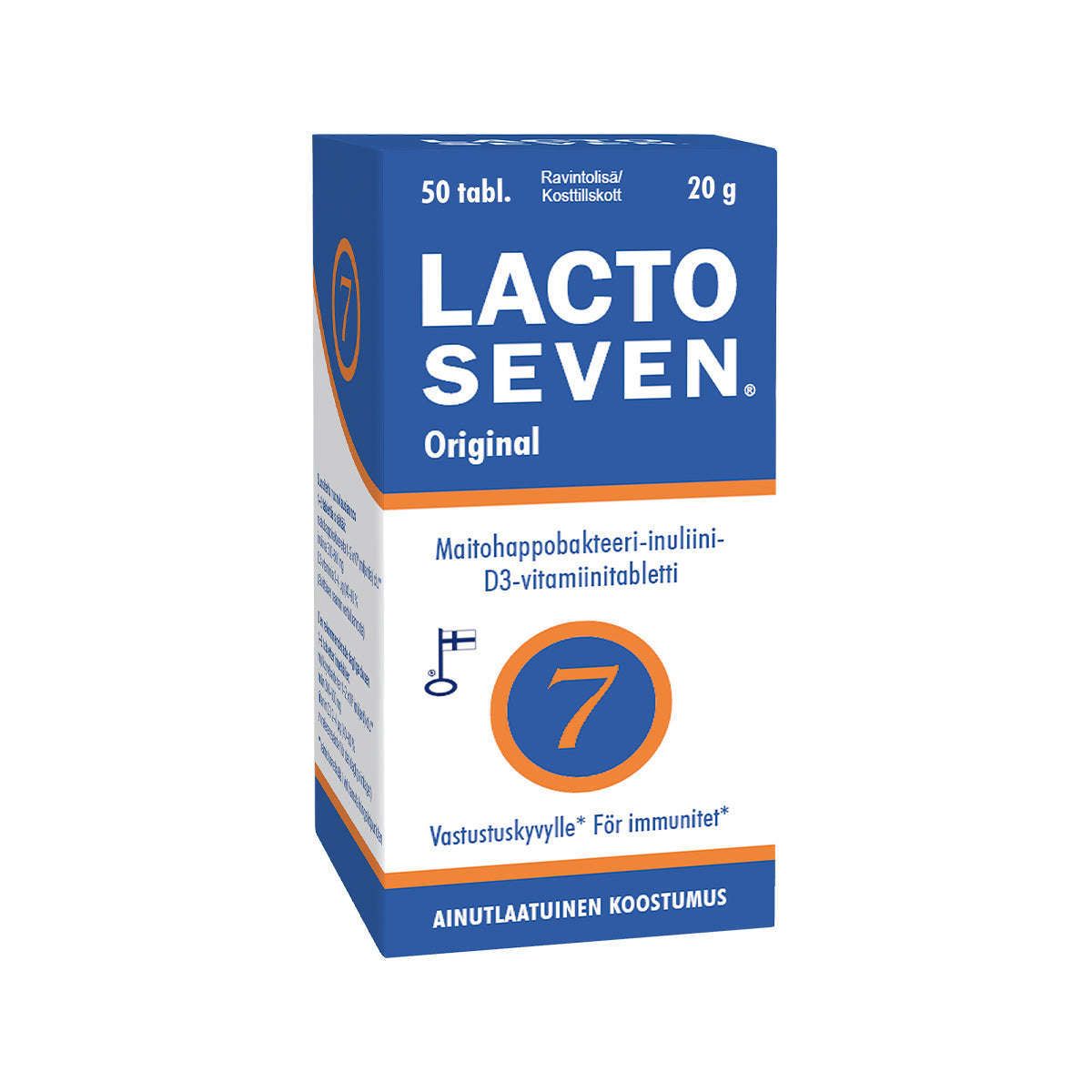 Eine blau-weiße Schachtel von Vitabalans Lacto Seven, einem finnischen probiotischen Ergänzungsmittel mit 50 Tabletten. Die Verpackung enthält Angaben zur Unterstützung des Immunsystems, den Produktnamen, die Inhaltsstoffe und ein orangefarbenes Symbol mit der Zahl 7 auf der Vorderseite.