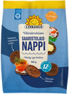 Eine blau-gelbe Packung Linkosuo Malty Rye Button zeigt finnische Roggenvollkornbrot-Snacks, die mit Lachs, Kräutern und Butter belegt sind. Die Verpackung zeigt Produktdetails und das lächelnde Sonnenlogo der Marke Linkosuo.