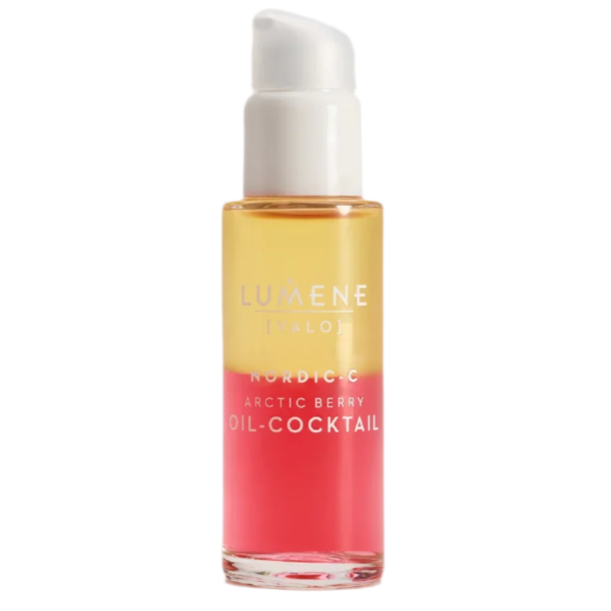 Eine klare Lumene Nordic-C Arctic Berry Oil-Cocktail Flasche mit gelben und rosa Schichten, angereichert mit arktischer Moltebeere und Vitamin C, gekrönt von einer weißen Pumpe.
