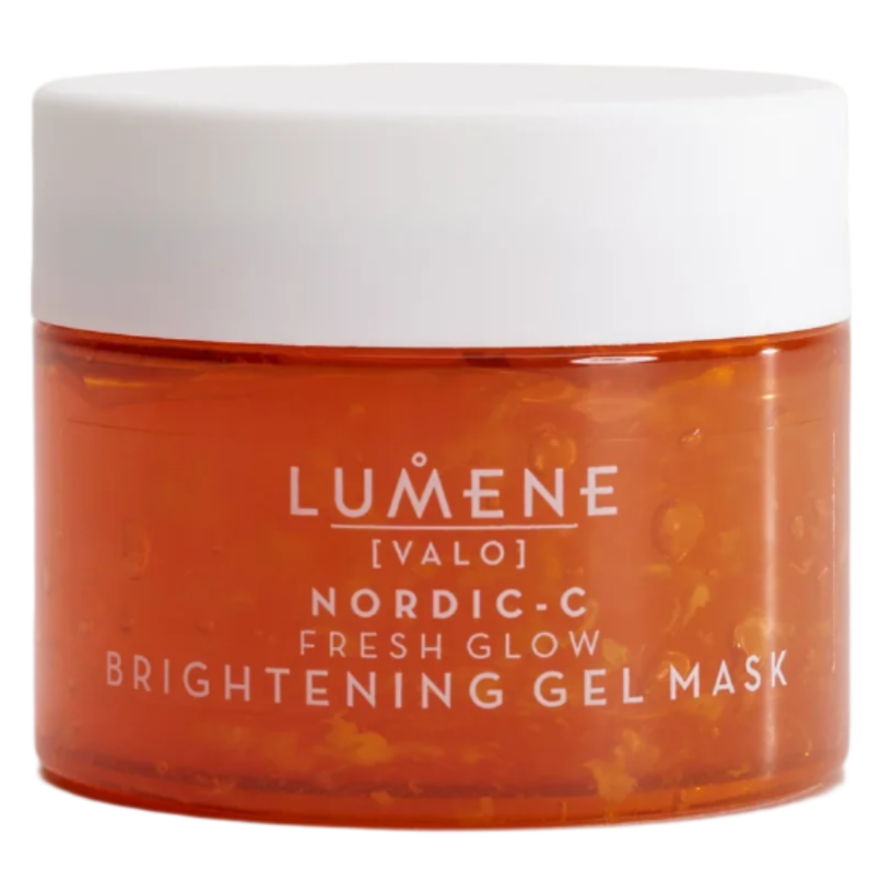 Ein orangefarbener Tiegel der Lumene Nordic-C Fresh Glow Brightening Gel Mask von Lumene, mit weißem Deckel und weißem Text auf der Vorderseite, angereichert mit arktischer Moltebeere und AHA-Säuren für einen Vitamin-C-Glow.